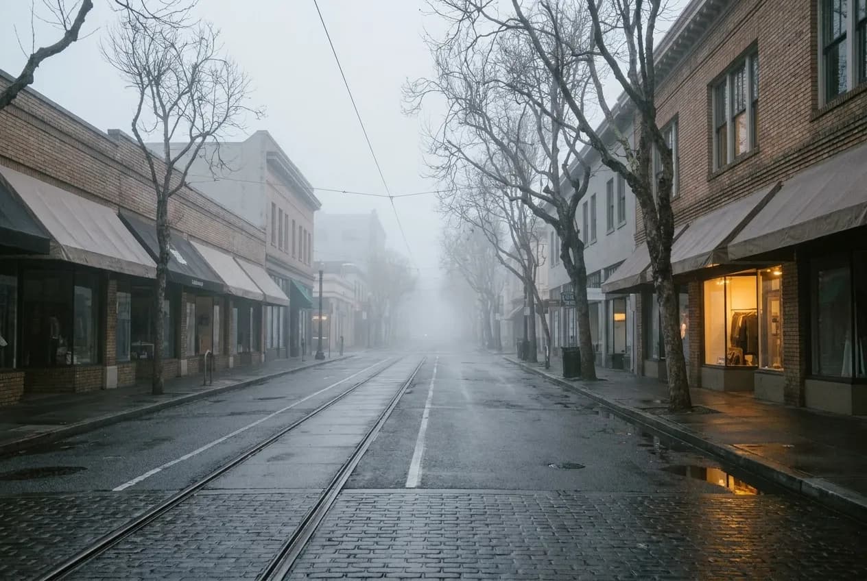 A foggy avenue of low shopfronts in the Inner Sunset with trees along the kerb