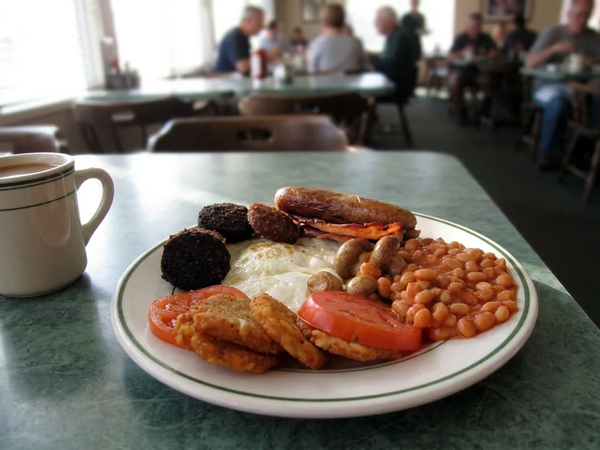 Full English breakfast with bangers, eggs, beans, and grilled tomatoes on a white plate at a British pub table