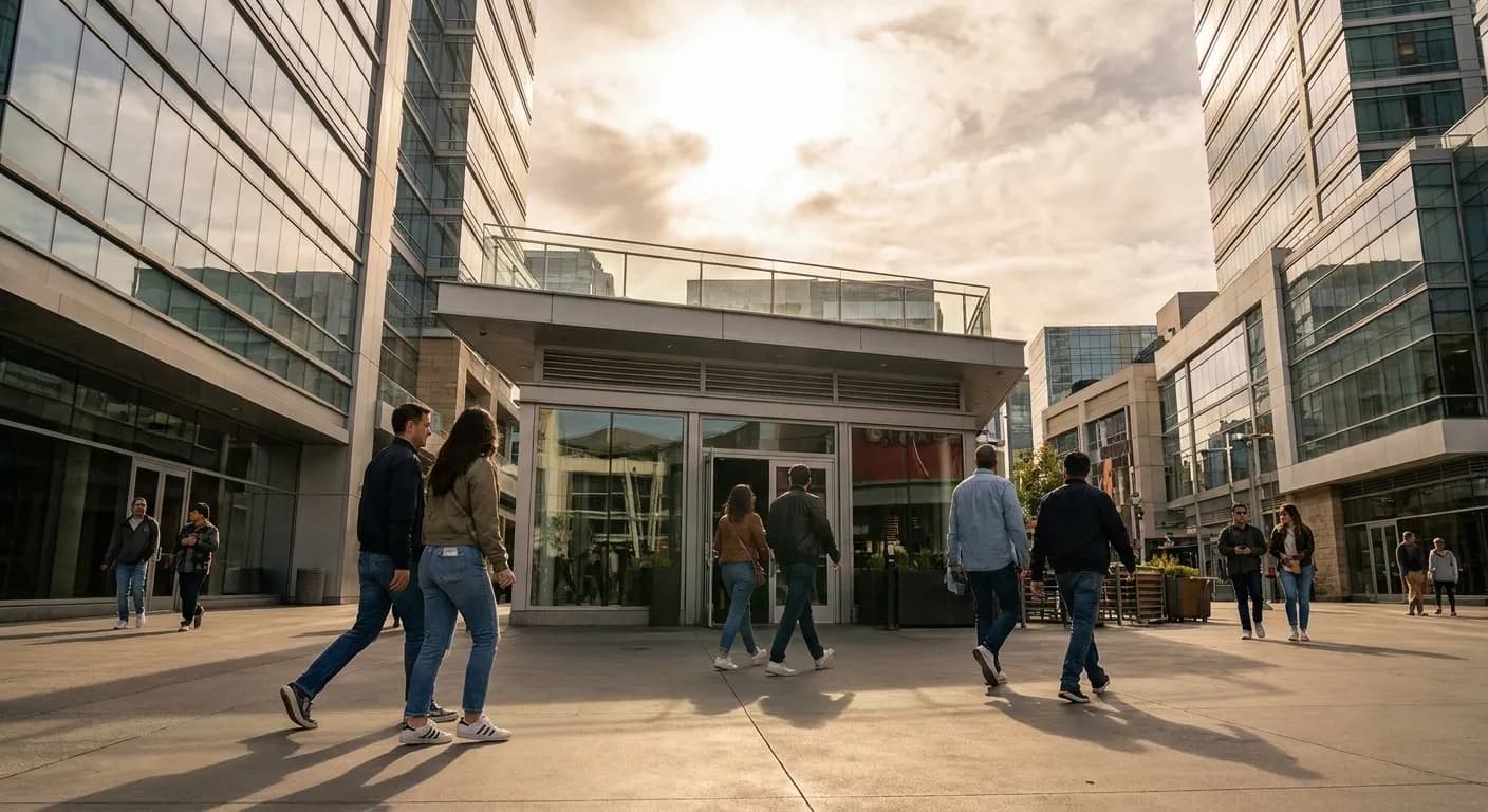 Wide view of LA Live plaza in downtown Los Angeles with Tom's Watch Bar entrance and pedestrians walking past modern glass buildings