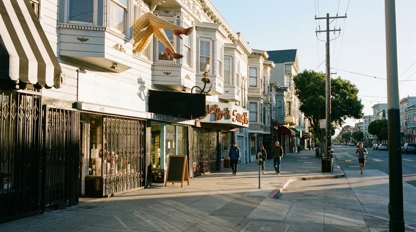 Early morning light on Haight Street storefronts with Victorian architecture and long shadows across the sidewalk