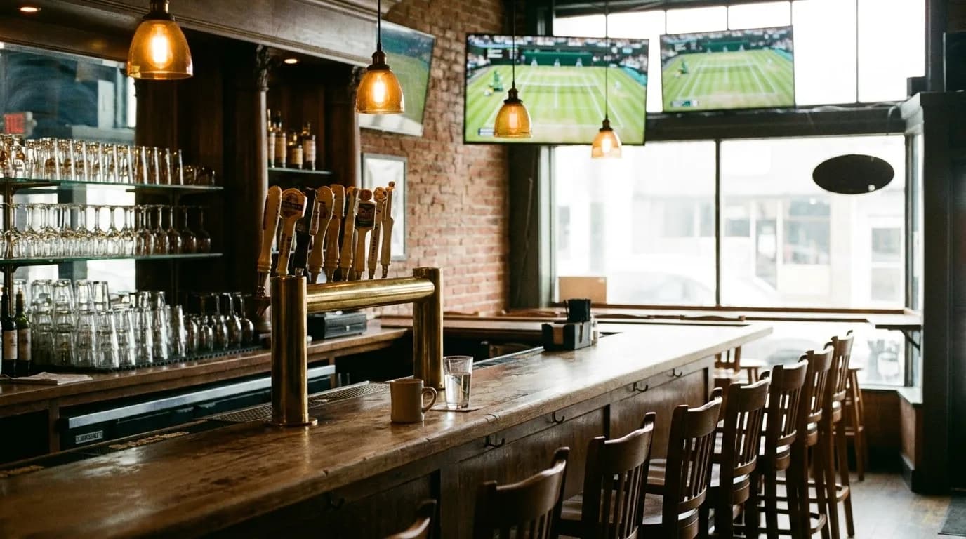 Wooden bar counter with taps and mounted screens showing tennis match in a quiet morning sports bar