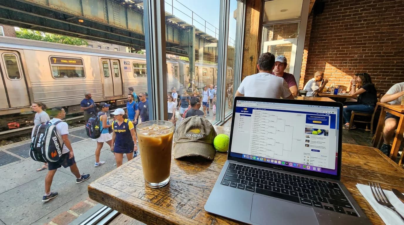 Photorealistic US Open tennis scene for Where Coffee Lovers Should Start US Open Days.