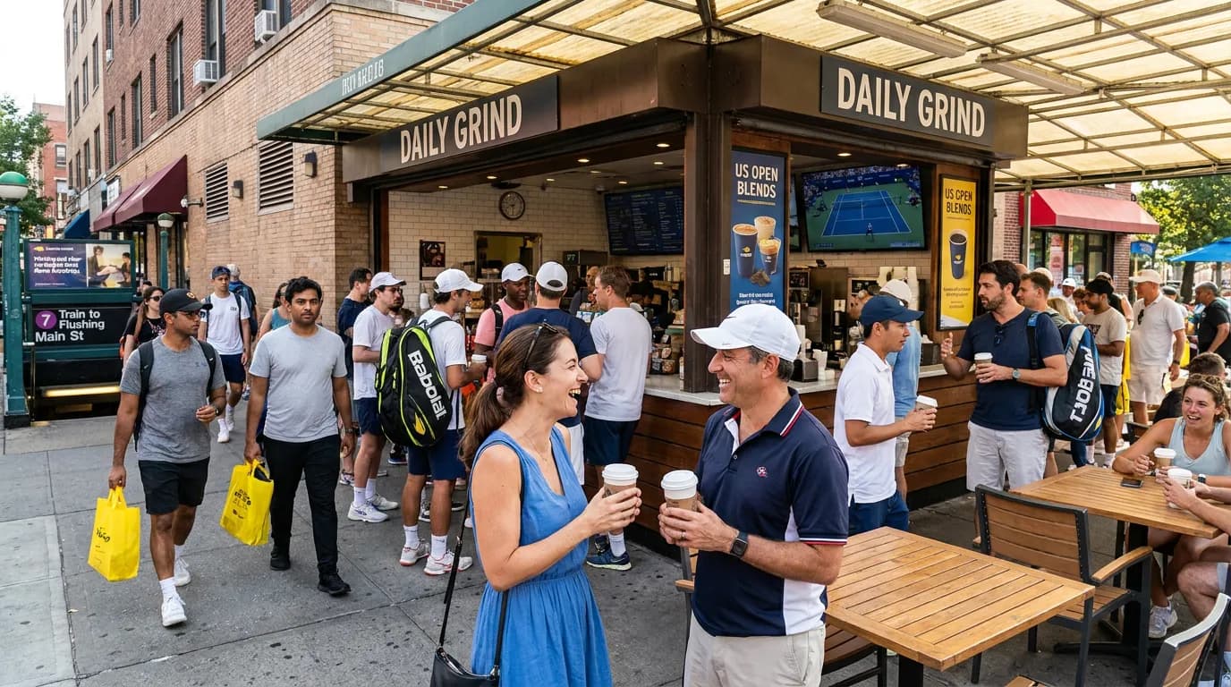 Bright US Open tennis atmosphere illustrating Where Coffee Lovers Should Start US Open Days.