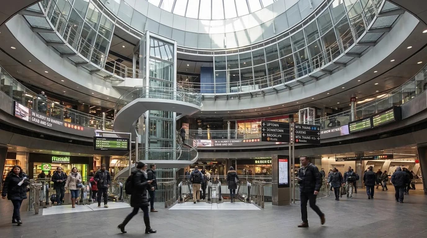 Multi-level subway concourse at Fulton Center showing converging train lines and commuter flow in Lower Manhattan