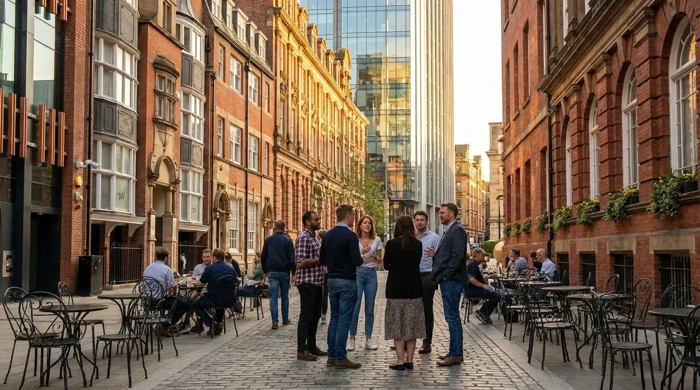 Pedestrians gathering on cobblestone Stone Street with outdoor seating and historic buildings in Financial District