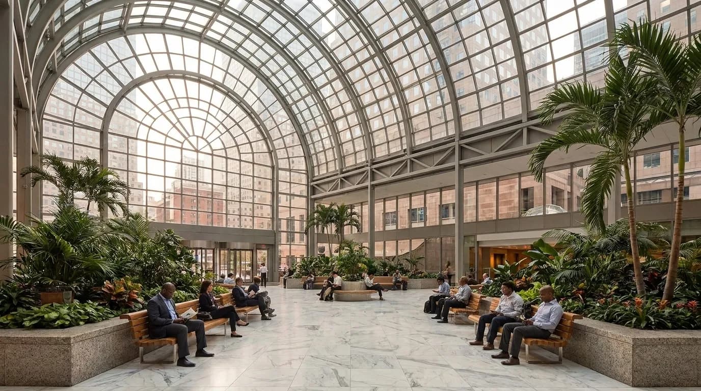 Palm-lined winter garden atrium inside Brookfield Place with natural light and open public space