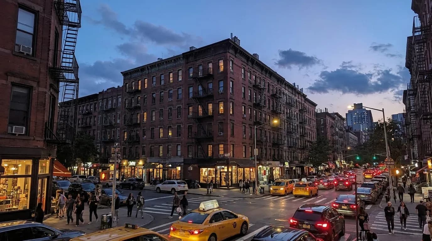 East Village street corner at dusk with illuminated bar storefronts and pedestrians on sidewalk