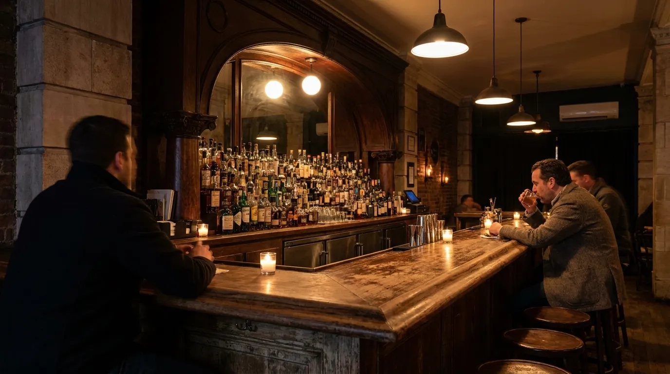 Interior view of dimly lit New York bar with wooden counter and bottles on shelves