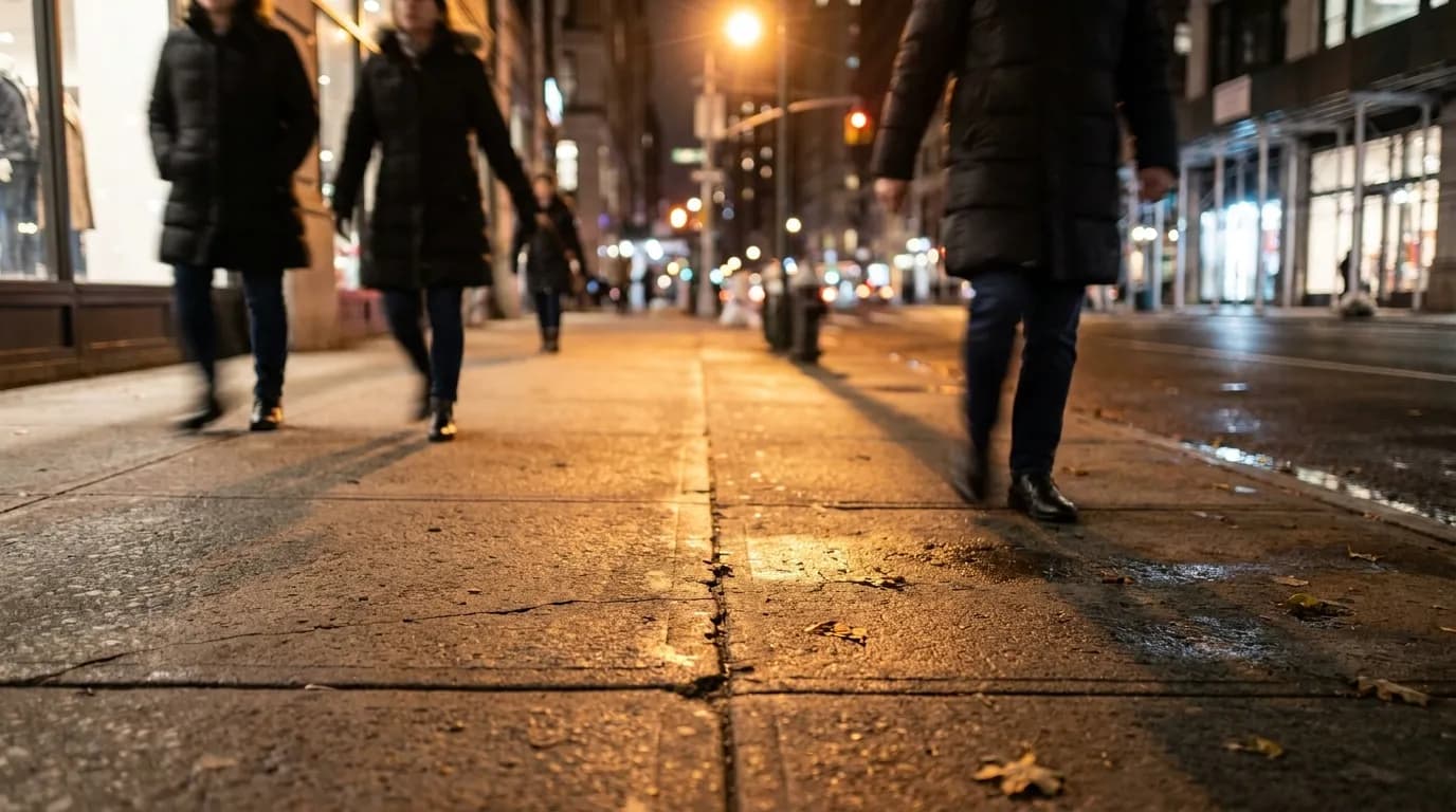 Manhattan sidewalk in evening with streetlights and people walking between venues