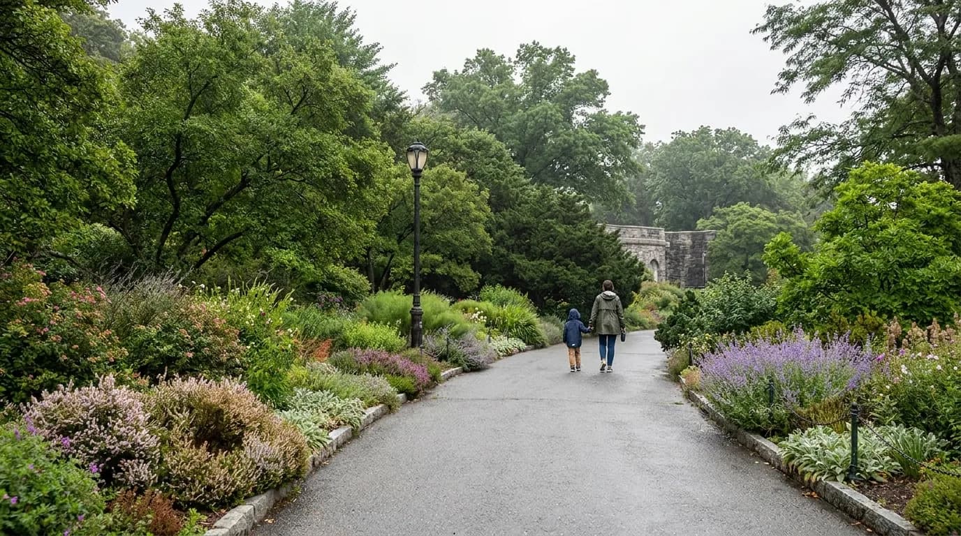 Stone pathways winding through the Heather Garden at Fort Tryon Park with seasonal plantings and Manhattan skyline in background