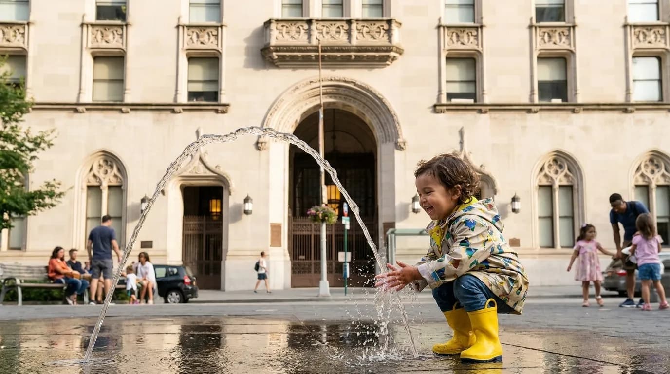 Children playing at water features and climbing structures at Pier 6 playground in Brooklyn Bridge Park