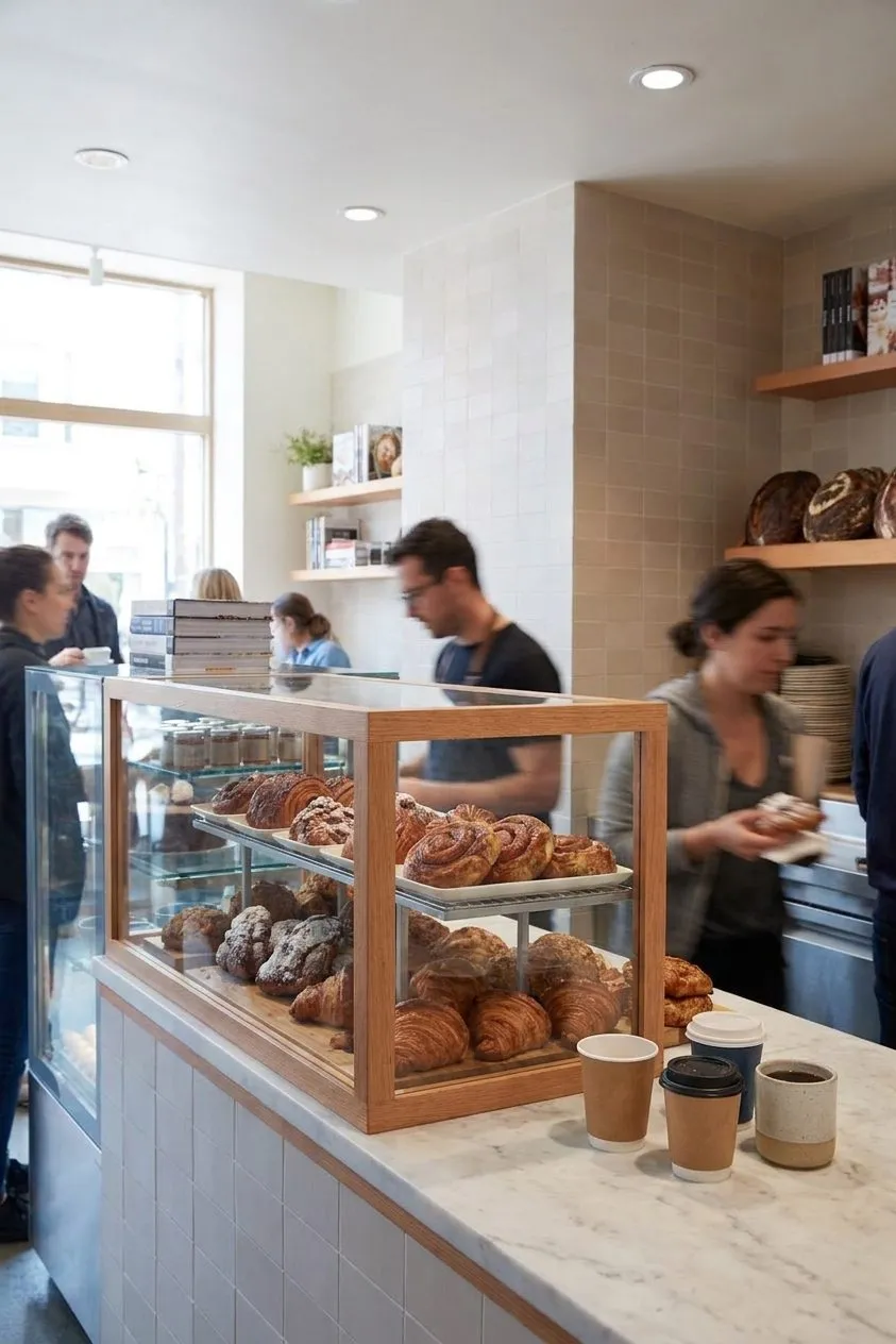 Pastries and coffee at a Mission bakery counter