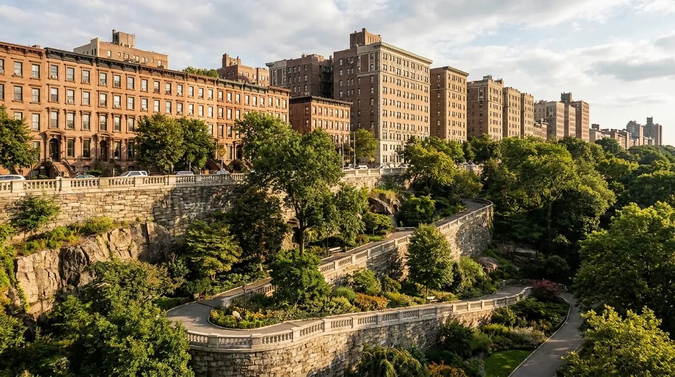 Steep hillside paths and landscaping in Morningside Park, Manhattan, showing the park's dramatic topography