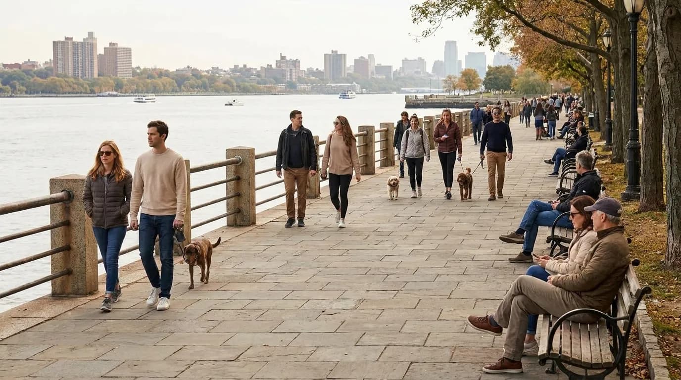 Waterfront promenade along Riverside Park with Hudson River views and pedestrian paths