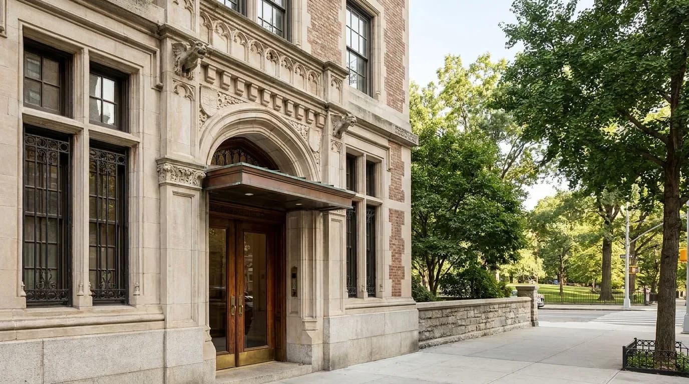 Classic pre-war apartment building facade on Morningside Drive with large windows and architectural detail