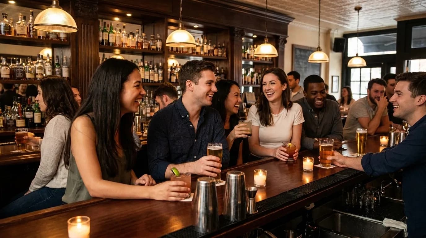 Interior of a busy New York City bar with patrons gathered around the bar counter under warm lighting