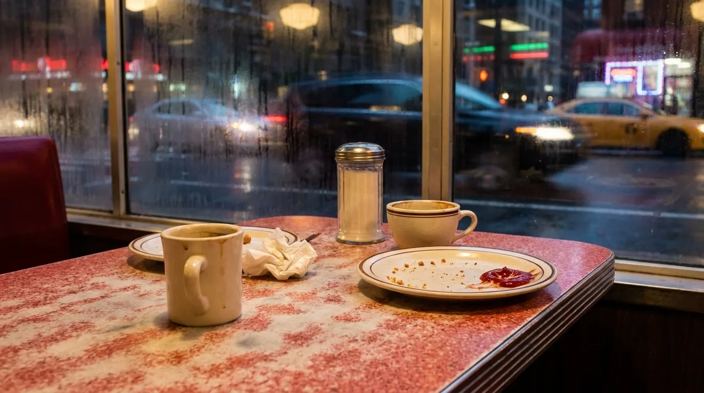 Late-night diner booth in New York City with table settings and window view to street