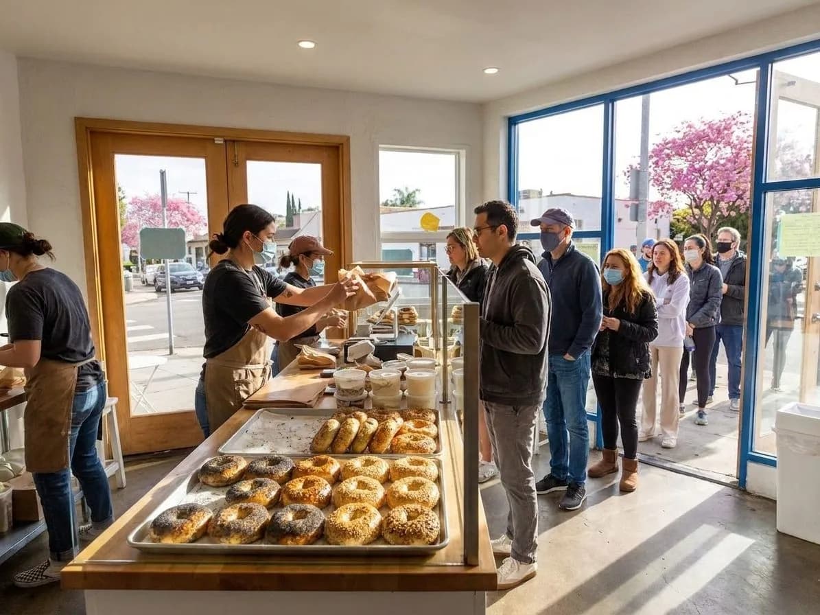 A busy bagel counter with trays and a short line in Los Angeles