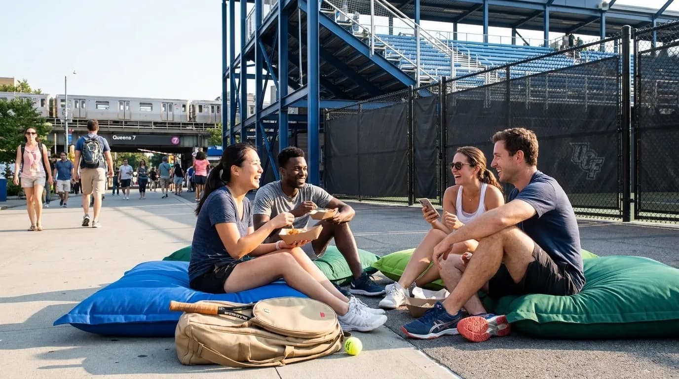 Bright editorial scene supporting Where to Find Quiet Breaks During Busy US Open Days.