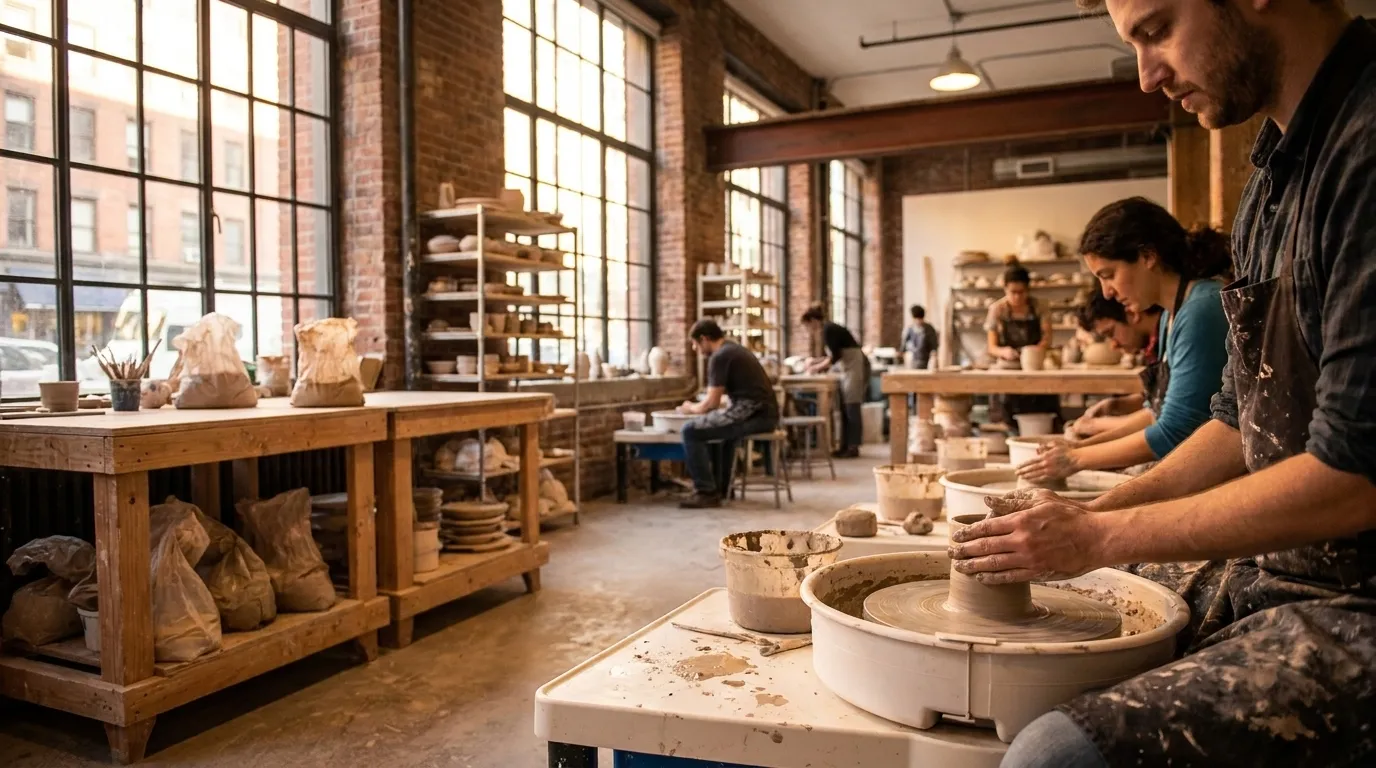 Interior of a pottery studio in Chelsea, Manhattan, with pottery wheels and clay work surfaces