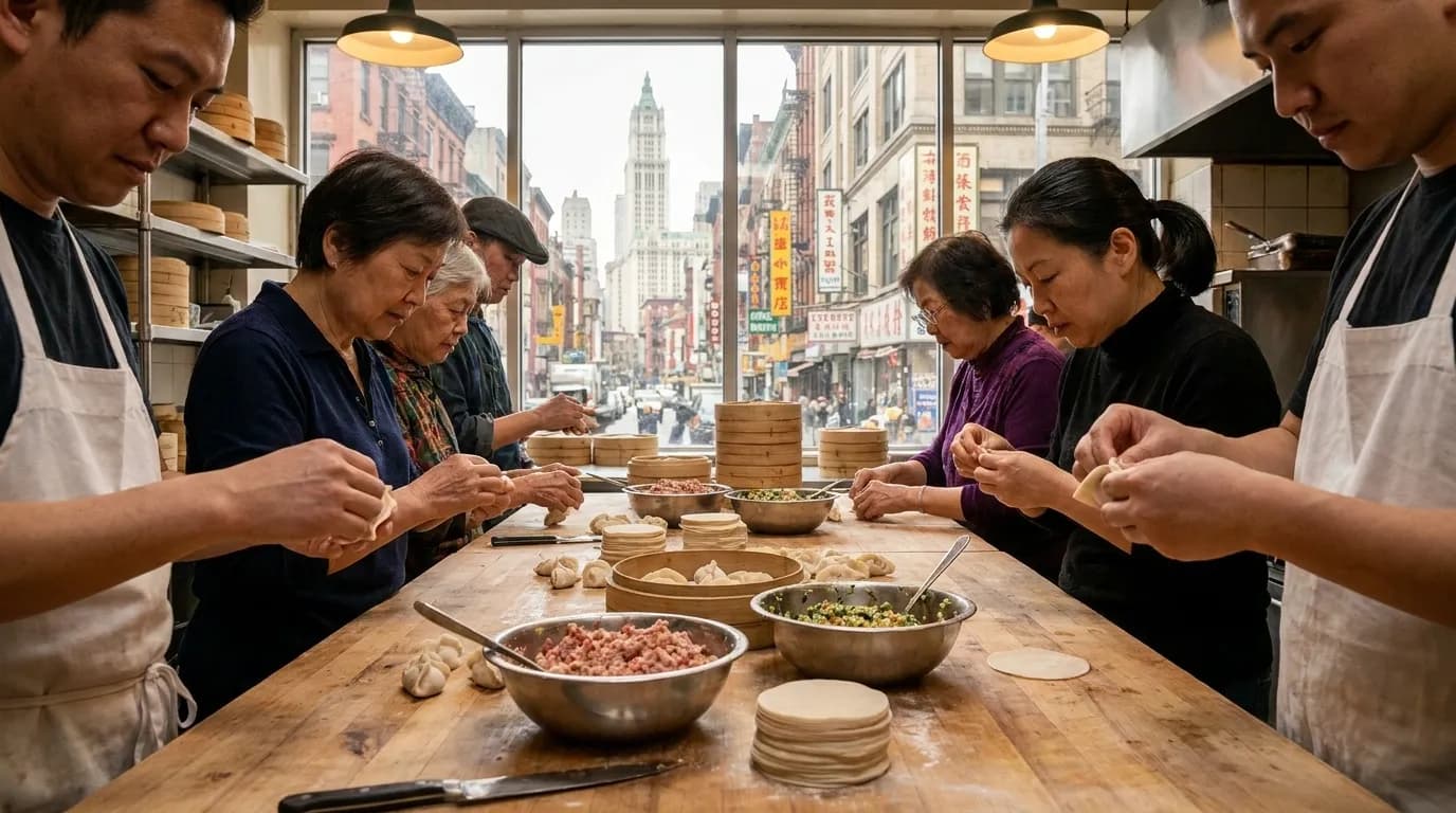 Small kitchen in Chinatown, Manhattan, with dumpling-making setup and communal table
