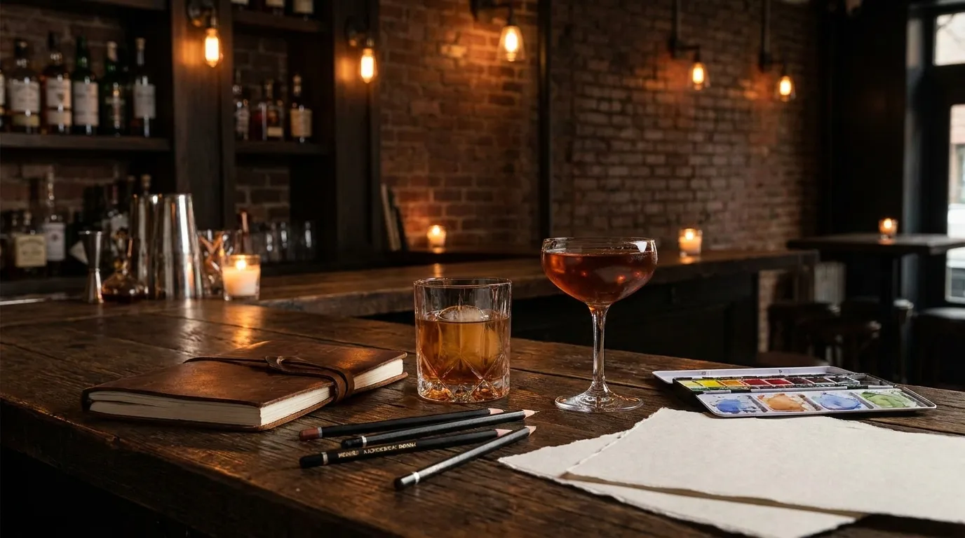 Intimate bar interior in West Village, Manhattan, with cocktails and creative activity supplies