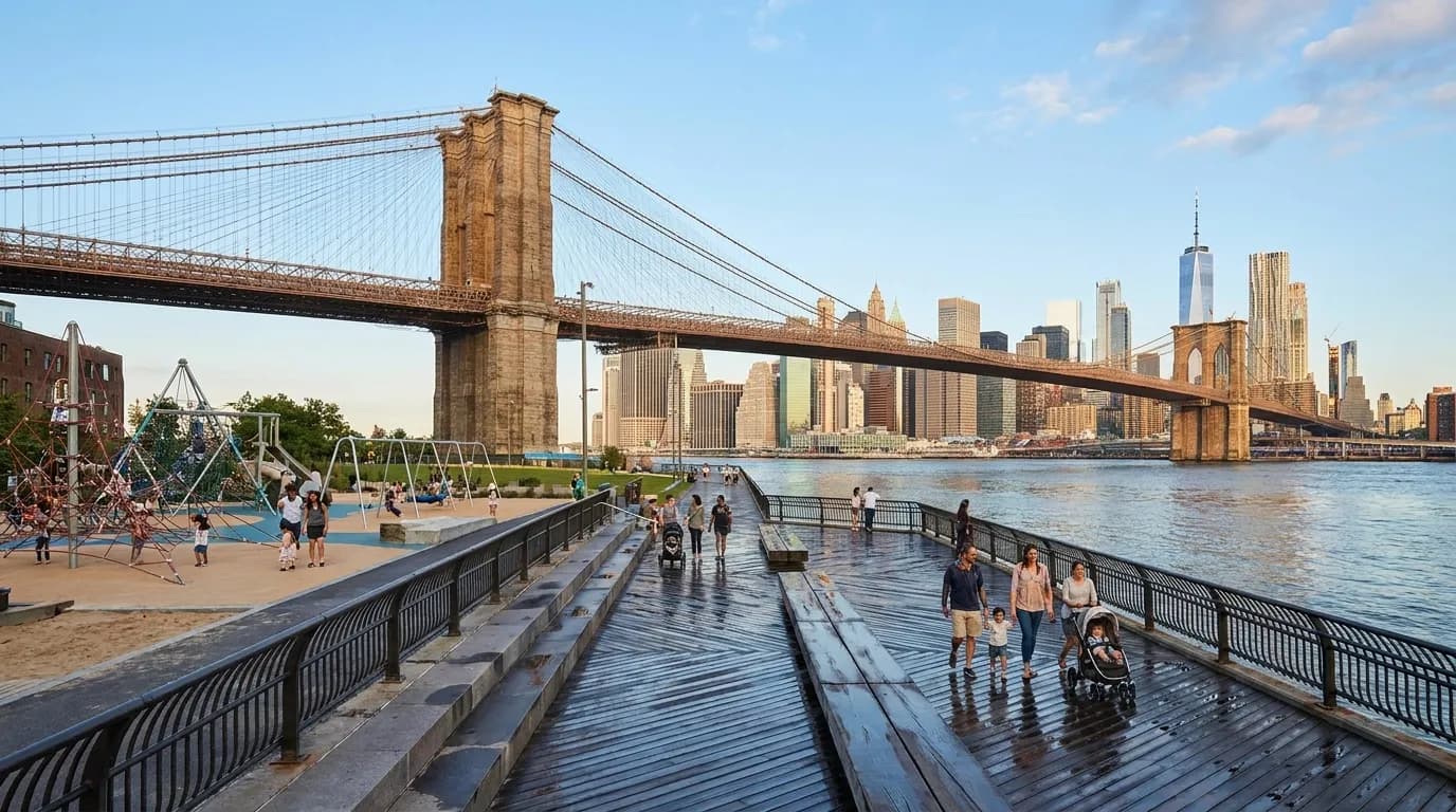 Wide view of Pier 6 playground at Brooklyn Bridge Park with Manhattan skyline across the East River and families on paved waterfront paths