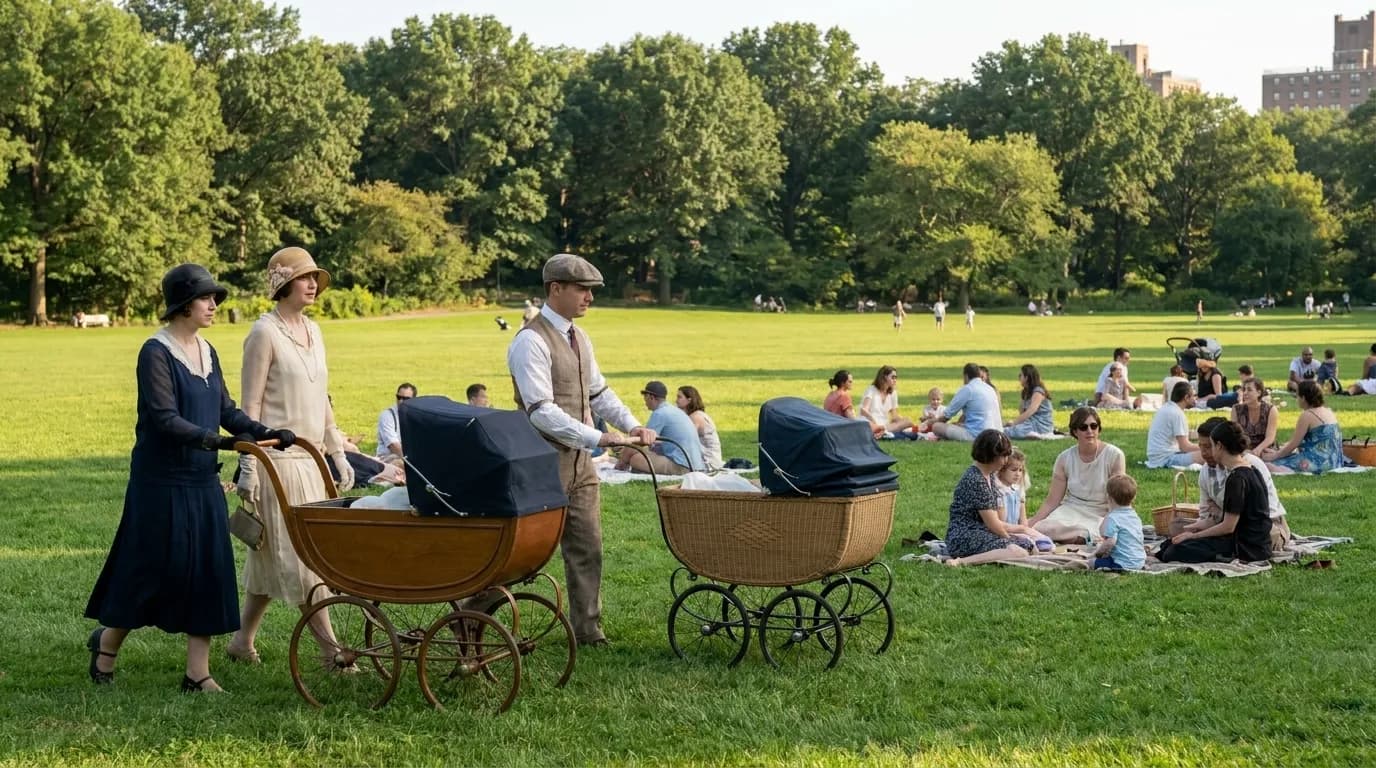 Parents with strollers gathered on the Long Meadow in Prospect Park with open grass and tree line in background