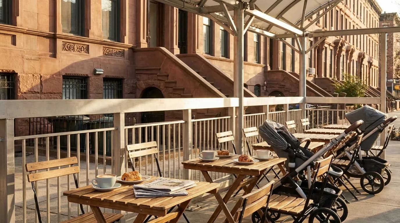 Outdoor cafe seating in Park Slope Brooklyn with strollers parked beside tables and brownstone buildings visible
