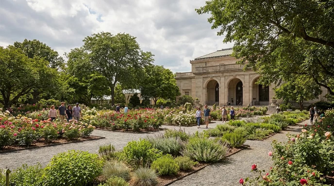 Gravel pathways winding through Queens Botanical Garden with seasonal plantings and visitors strolling
