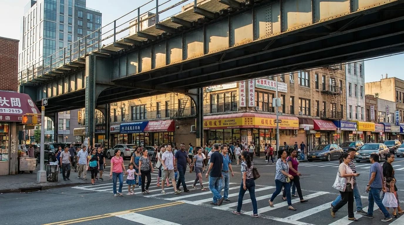 Busy sidewalk along Flushing's Main Street with storefronts, pedestrians, and multilingual signage