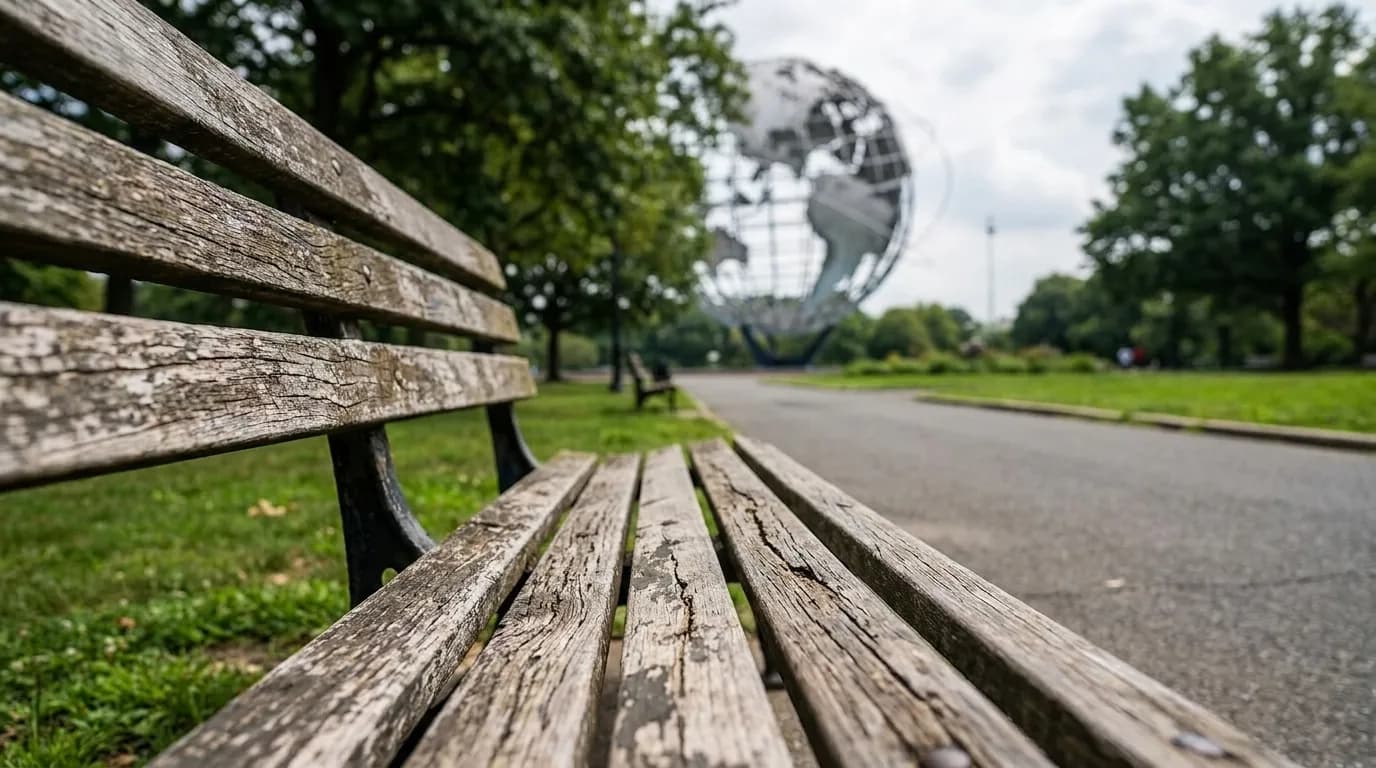 Wide view of Flushing Meadows Corona Park showing the Unisphere steel globe sculpture and open green space