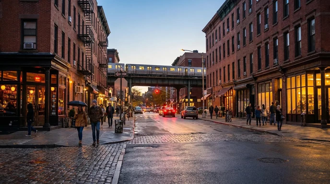 Manhattan Avenue in Greenpoint at dusk with bar storefronts and pedestrians on sidewalk