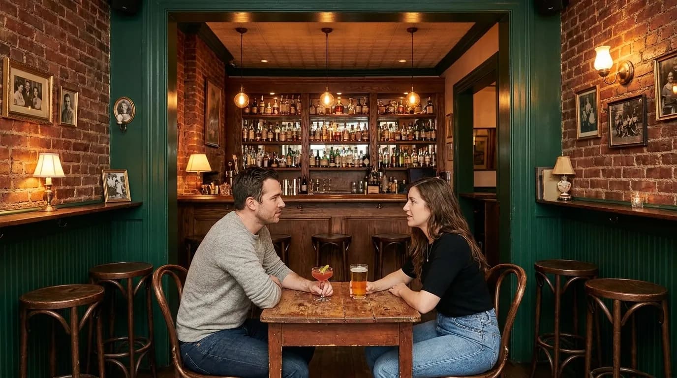 Interior of Brooklyn neighborhood bar with small tables and customers talking over drinks