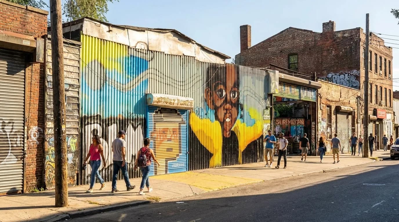 Colorful street mural on industrial building wall in Bushwick, Brooklyn