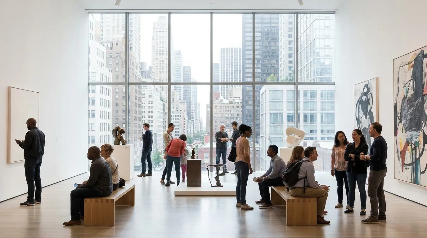 Visitors viewing contemporary art in bright museum gallery space