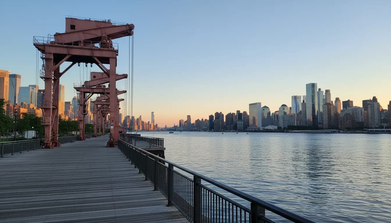 East River waterfront boardwalk at Gantry Plaza State Park with Manhattan skyline across the water