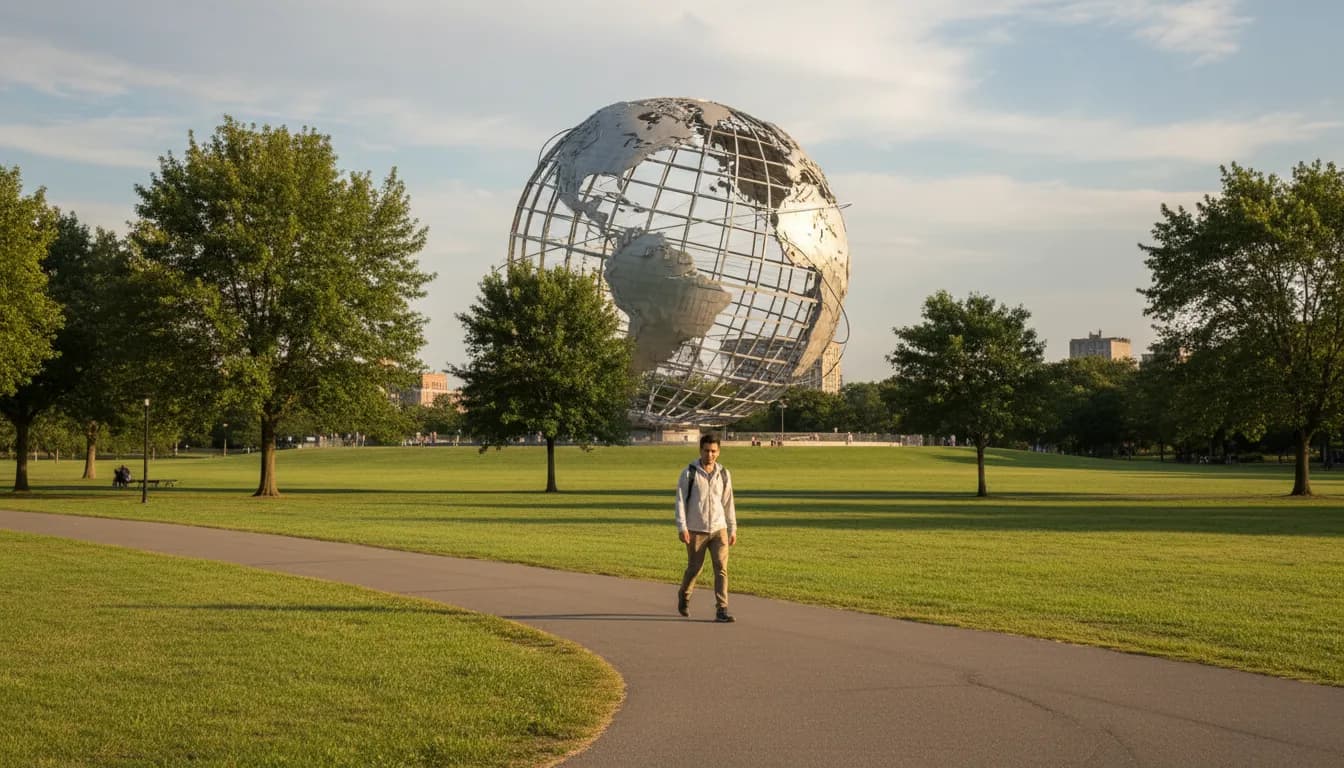 The Unisphere steel globe sculpture in Flushing Meadows Corona Park with open meadow in foreground