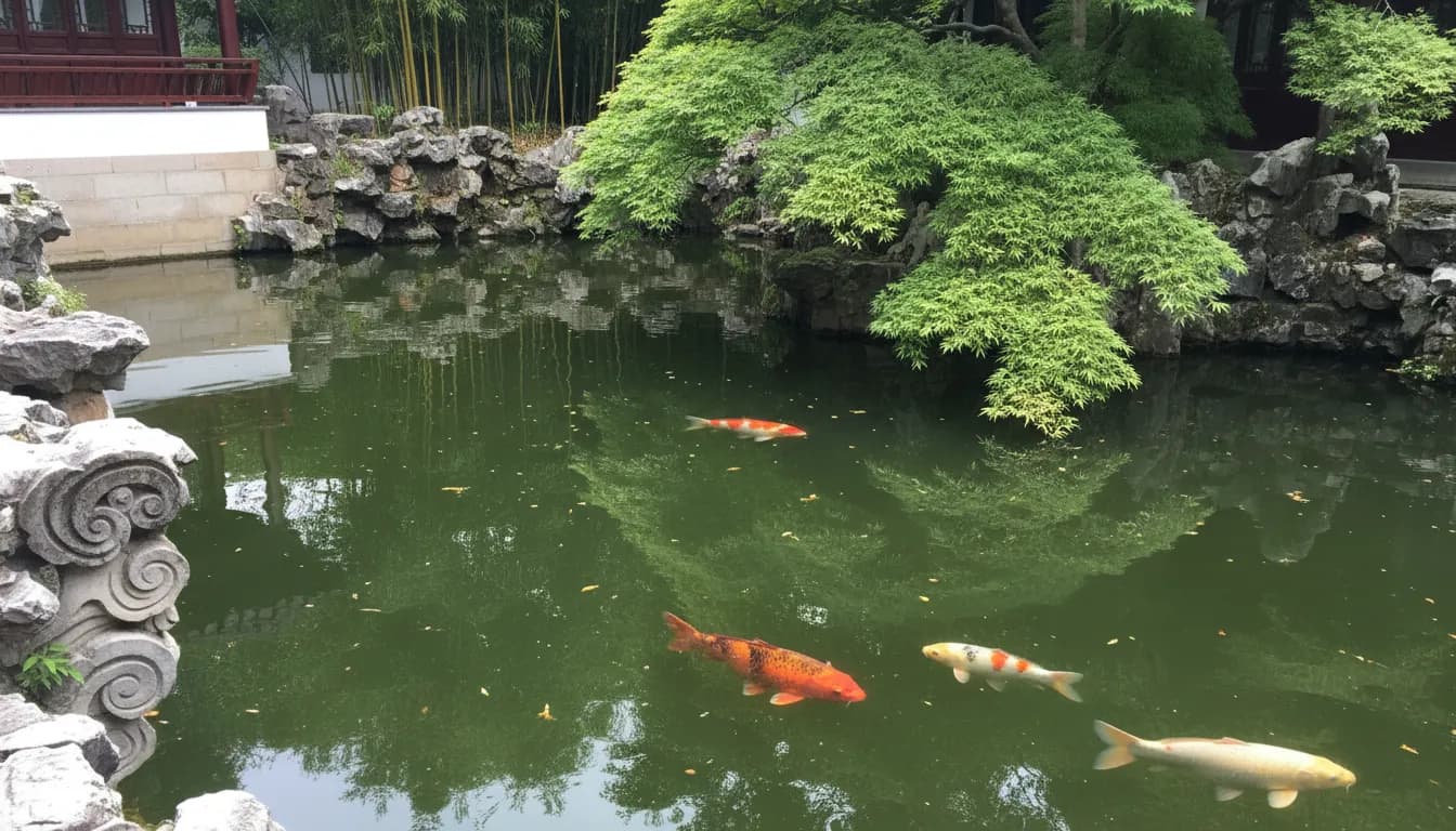 Traditional Chinese pavilion and koi pond at the Chinese Scholar's Garden with bamboo and rock arrangements