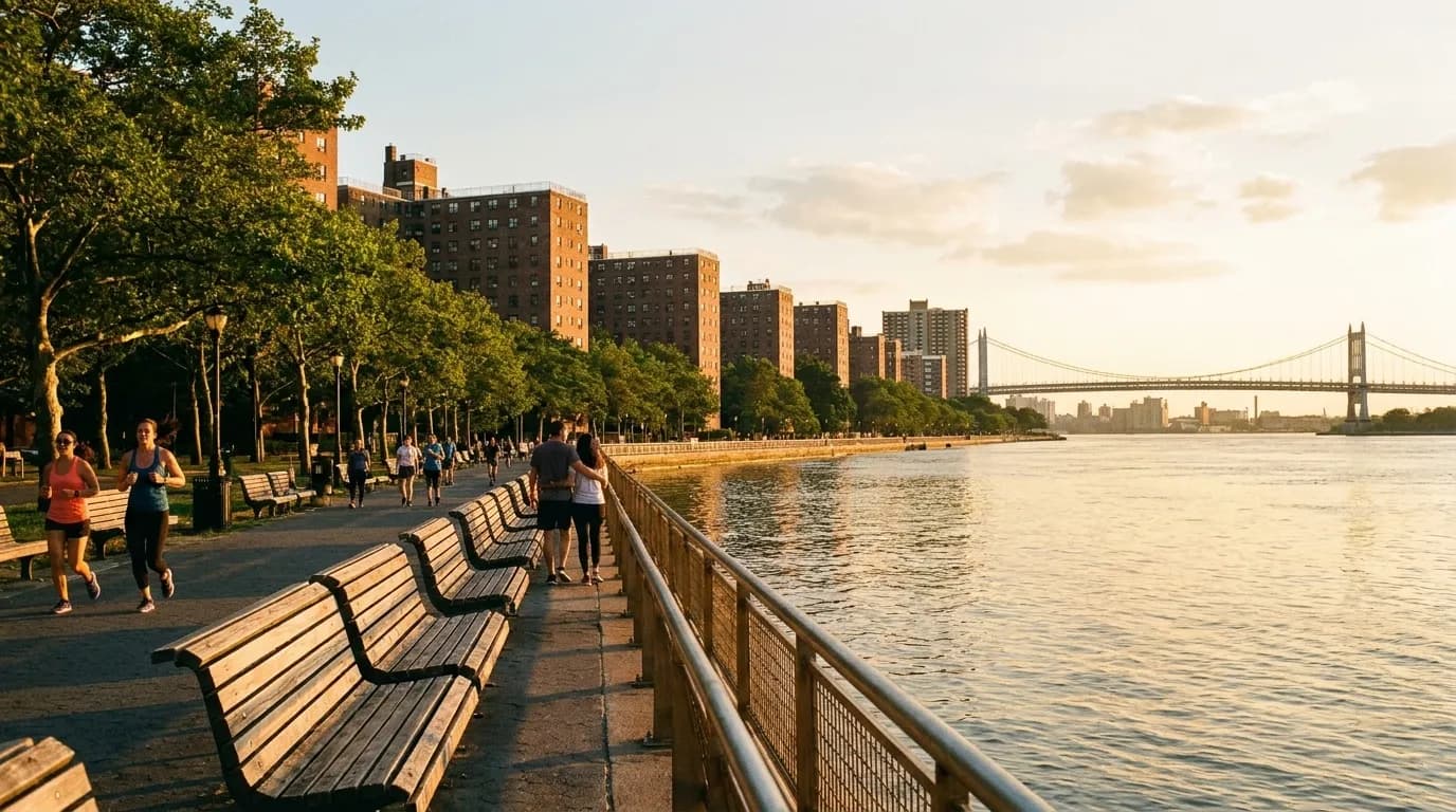East River promenade at Carl Schurz Park with benches and tree-lined walkway in Upper East Side Manhattan