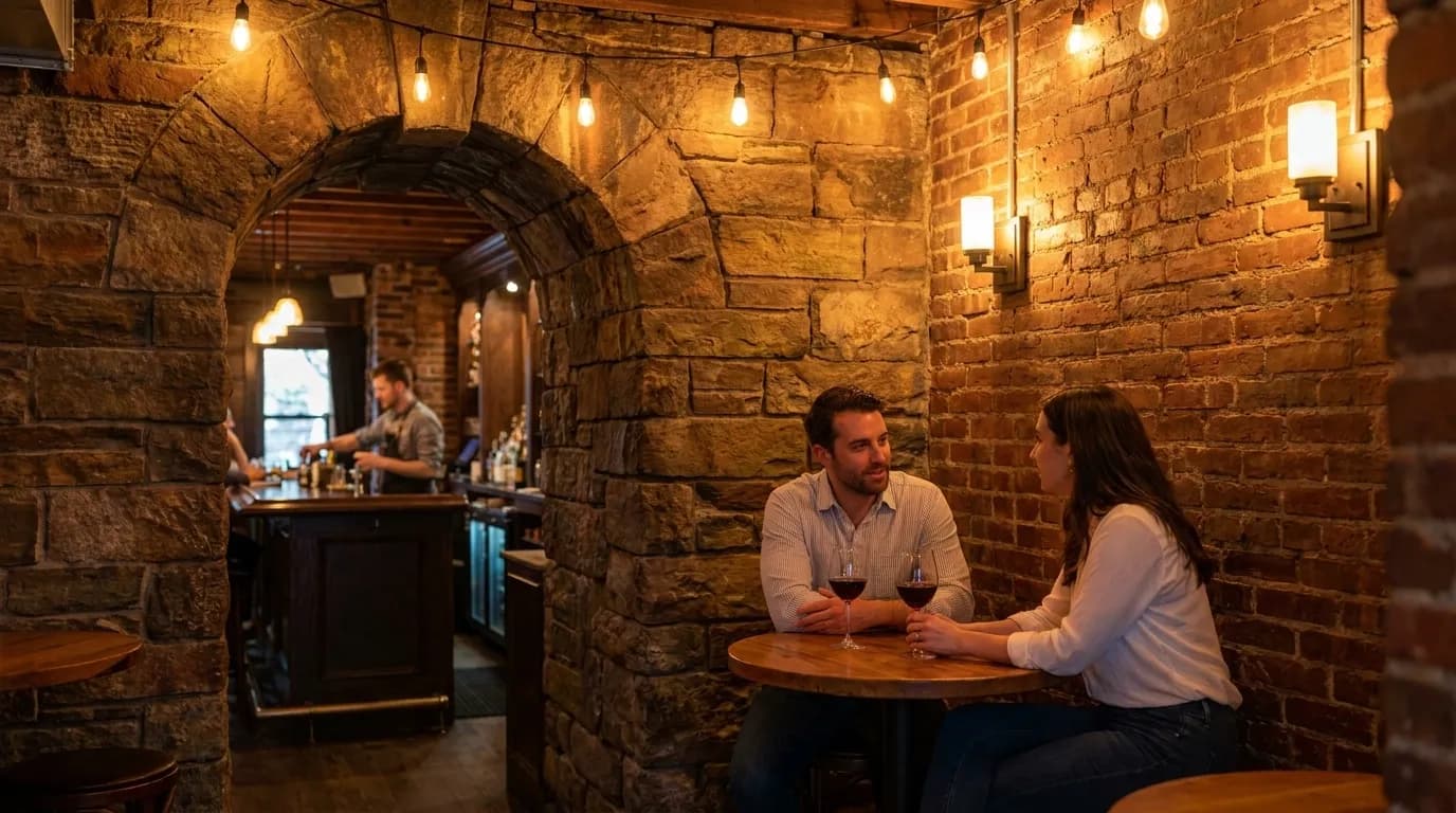 Intimate neighborhood bar interior with warm lighting and couples at small tables in Manhattan