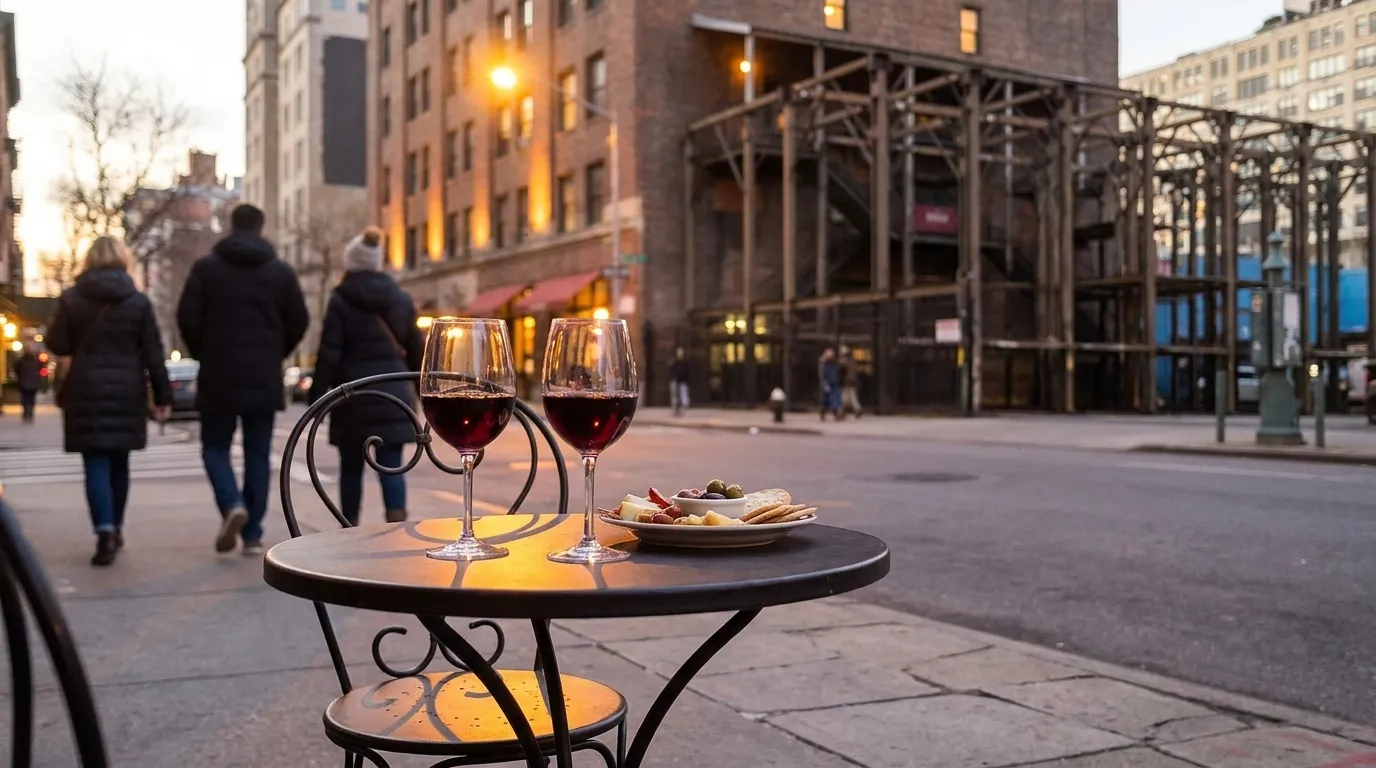 Sidewalk bistro tables on Upper East Side street at dusk with pedestrians passing