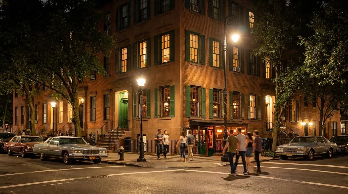 Evening view of Greenwich Village street with lit storefronts and pedestrians near Washington Square Park