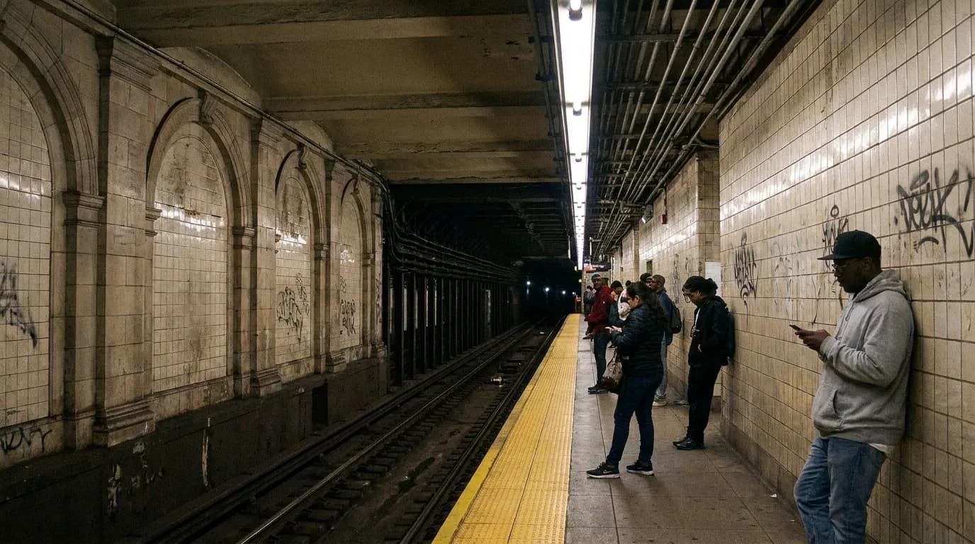 New York City subway platform with waiting passengers and approaching train in evening hours