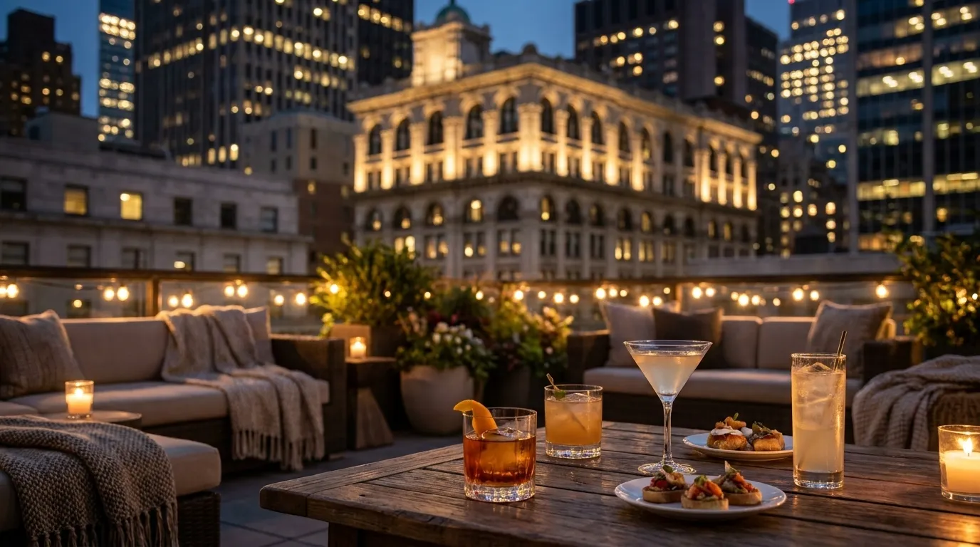 Manhattan rooftop bar terrace overlooking illuminated city skyline at night