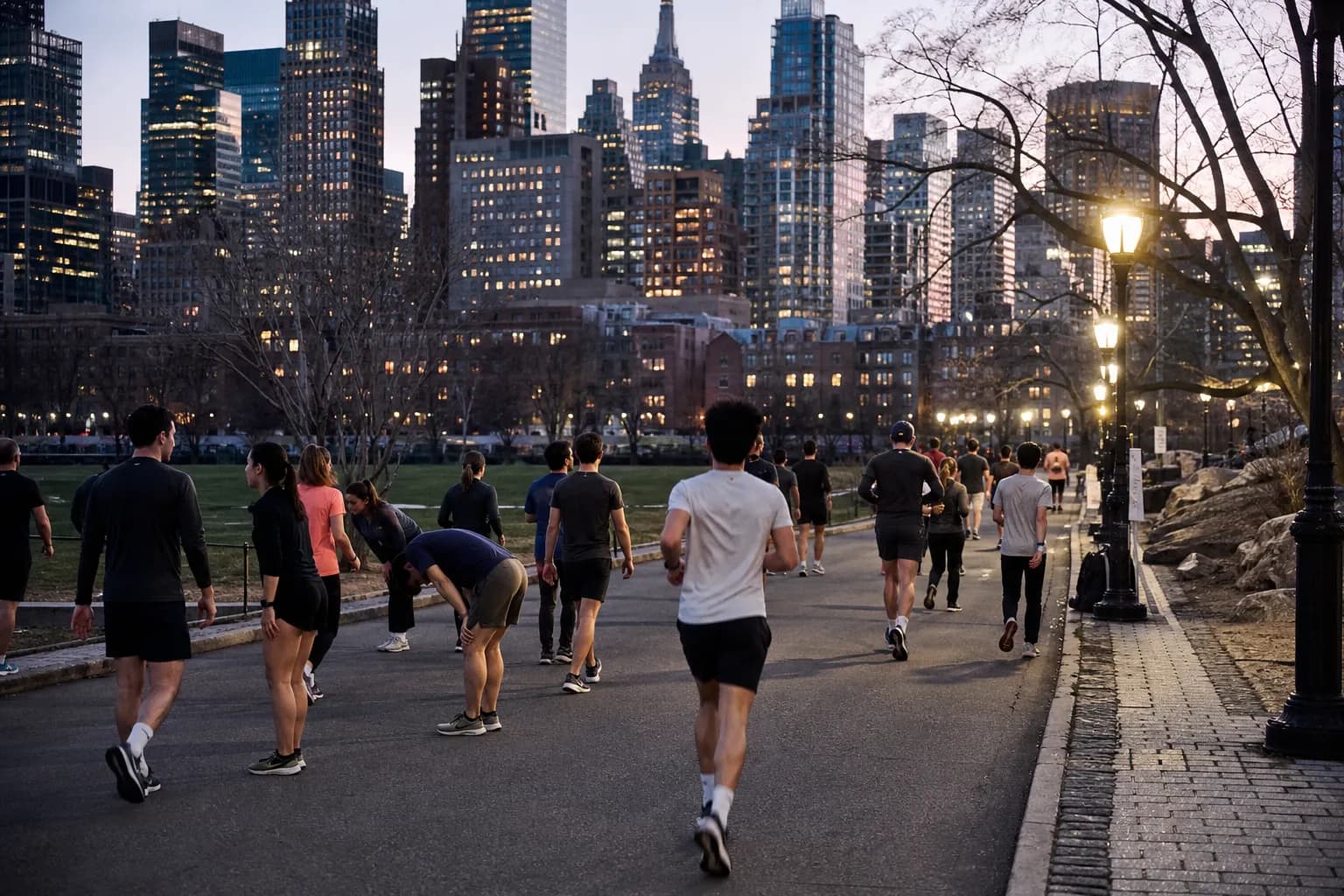 Runners on a wide Manhattan waterfront path at dusk with skyline in the background