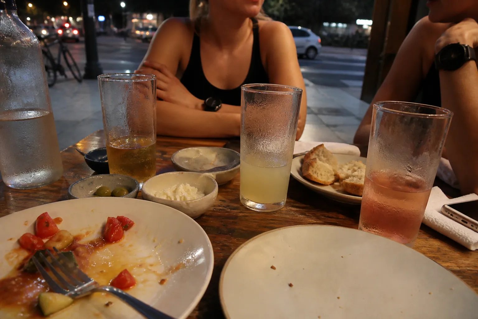 Simple post-run drinks and snacks on a casual neighborhood table