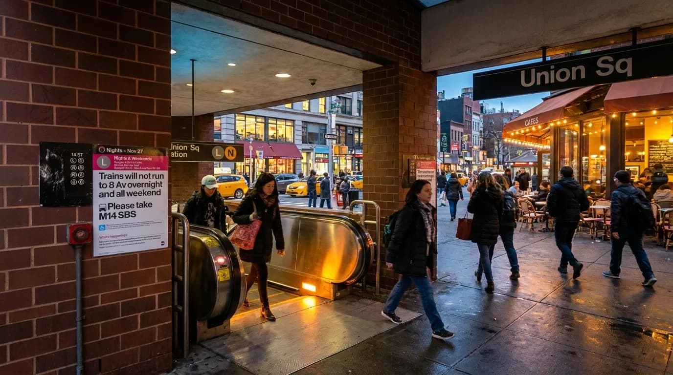 Subway station entrance at Union Square in Manhattan showing multiple train line signs and pedestrian traffic