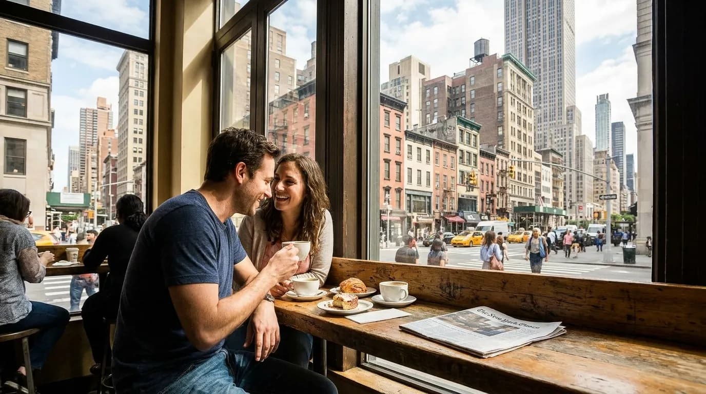 Two people sitting at a cafe counter in New York City with coffee cups and pastries