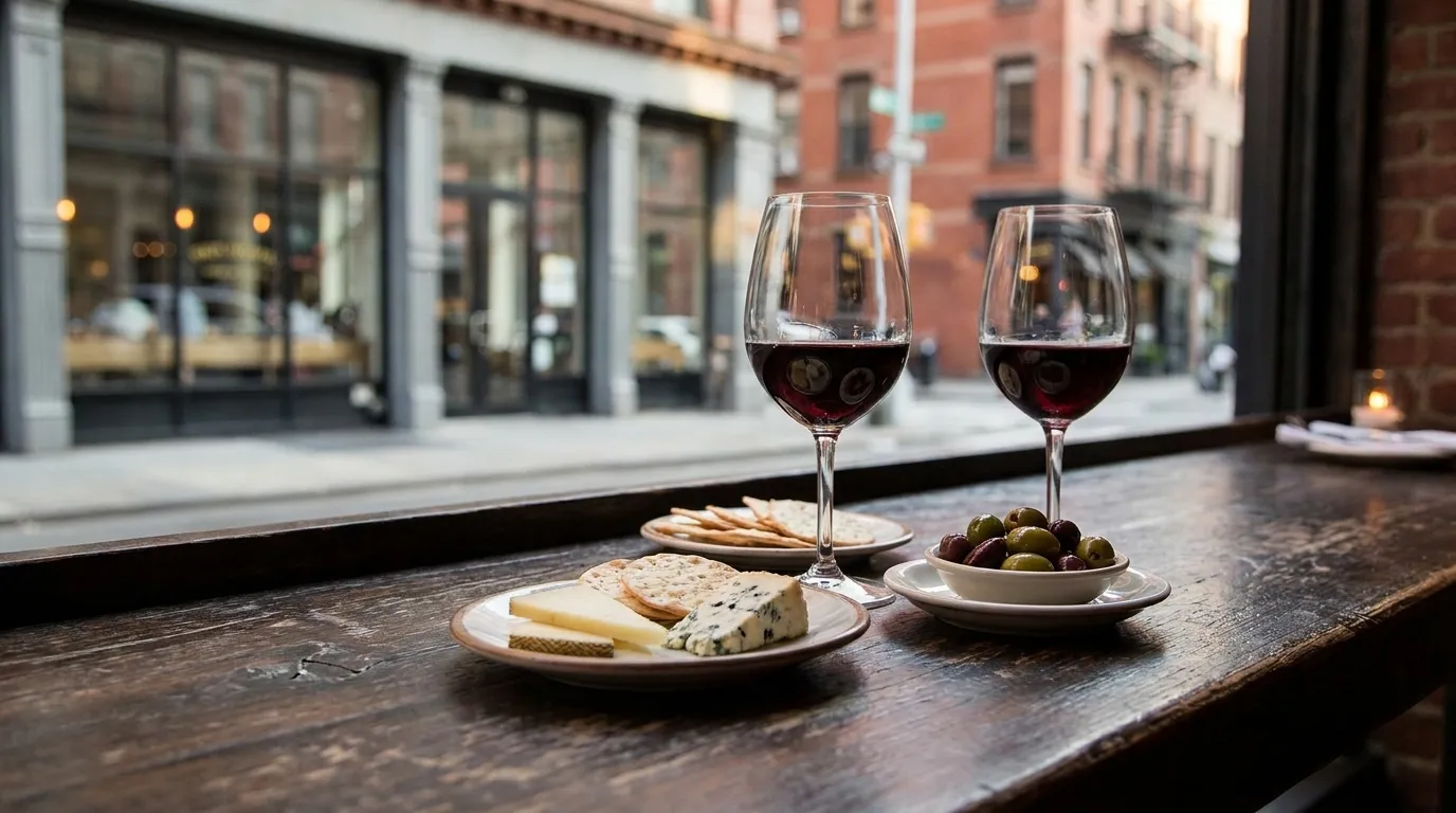 Wine glasses and small plates on a bar table in a casual New York City wine bar